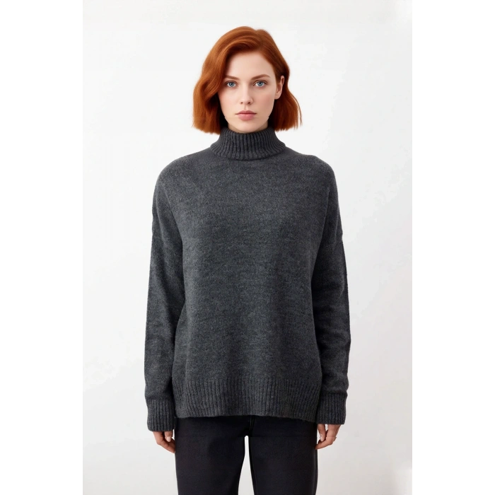 Kadın Basic Oversize Dik Yaka Triko Kazak Düşük Kol Uzun Boy Kışlık Günlük Şıklık Sunar Kaliteli