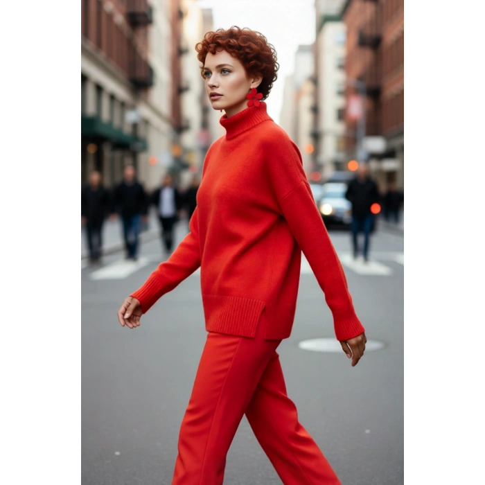 Kadın Basic Oversize Dik Yaka Triko Kazak Düşük Kol Uzun Boy Kışlık Günlük Şıklık Sunar Kaliteli