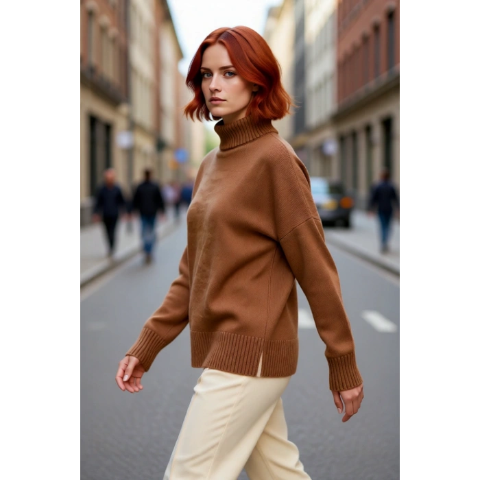 Kadın Basic Oversize Dik Yaka Triko Kazak Düşük Kol Uzun Boy Kışlık Günlük Şıklık Sunar Kaliteli