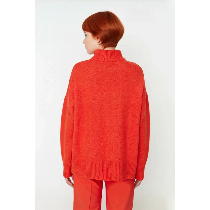 Kadın Basic Oversize Dik Yaka Triko Kazak Düşük Kol Uzun Boy Kışlık Günlük Şıklık Sunar Kaliteli