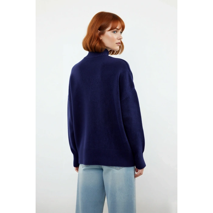 Kadın Basic Oversize Dik Yaka Triko Kazak Düşük Kol Uzun Boy Kışlık Günlük Şıklık Sunar Kaliteli