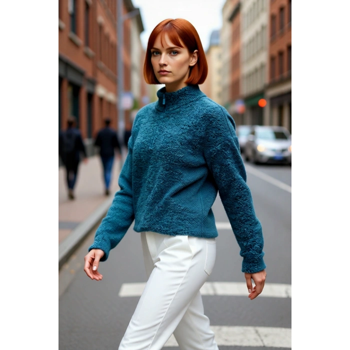 Kadın Basic Oversize Dokulu Fermuarlı Dik Yaka Uzun Kollu Triko Kazak Günlük Kombinlerinize