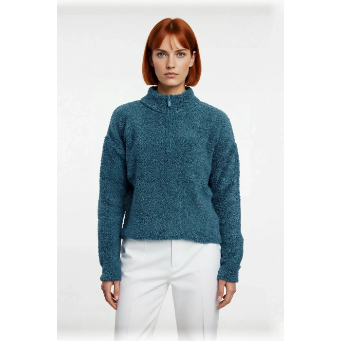 Kadın Basic Oversize Dokulu Fermuarlı Dik Yaka Uzun Kollu Triko Kazak Günlük Kombinlerinize