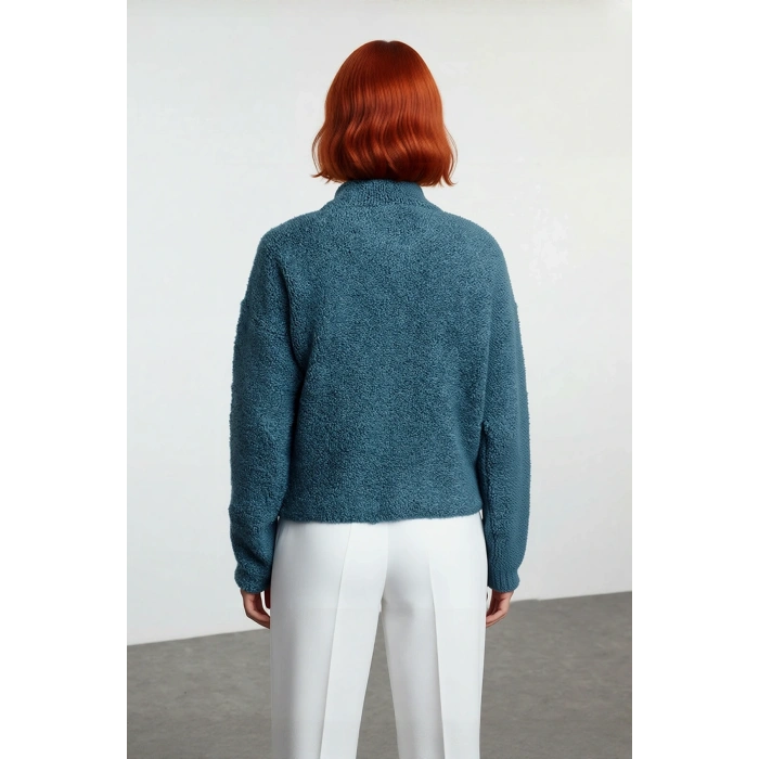 Kadın Basic Oversize Dokulu Fermuarlı Dik Yaka Uzun Kollu Triko Kazak Günlük Kombinlerinize