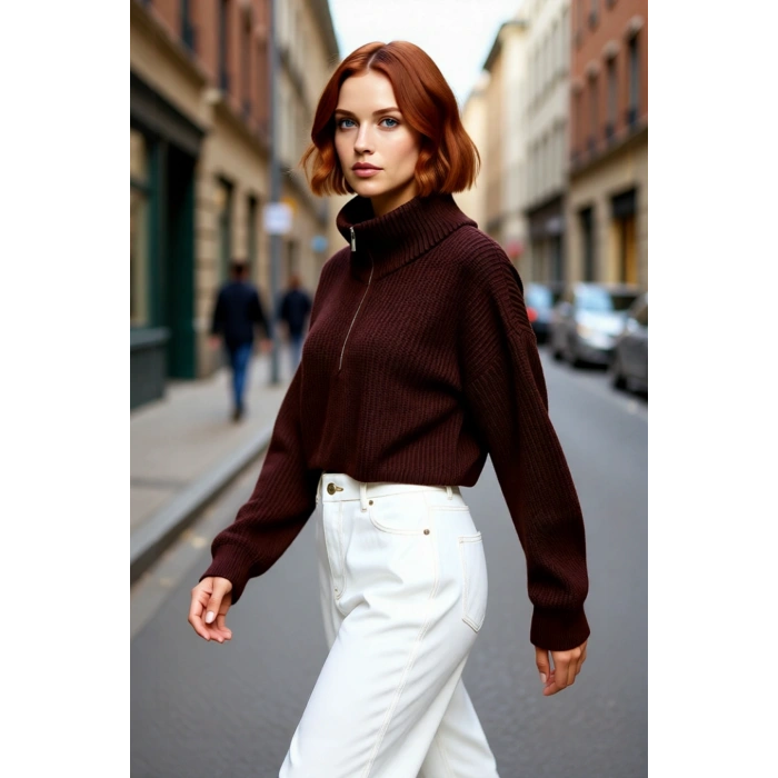 Kadın Basic Oversize Düşük Uzun Kollu Crop Fermuarlı Dik Yaka Triko Kazak Kışlık Rahat Stiller