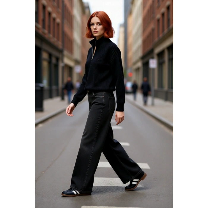 Kadın Basic Oversize Düşük Uzun Kollu Crop Fermuarlı Dik Yaka Triko Kazak Kışlık Rahat Stiller