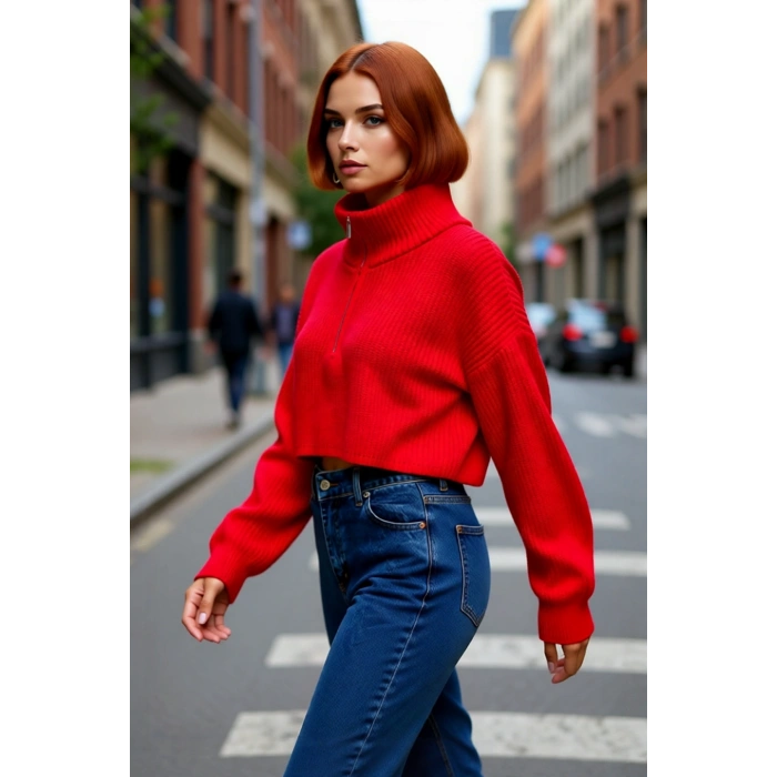 Kadın Basic Oversize Düşük Uzun Kollu Crop Fermuarlı Dik Yaka Triko Kazak Kışlık Rahat Stiller