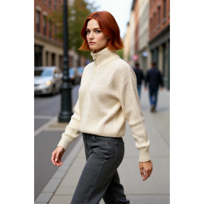 Kadın Basic Oversize Düşük Uzun Kollu Crop Fermuarlı Dik Yaka Triko Kazak Kışlık Rahat Stiller