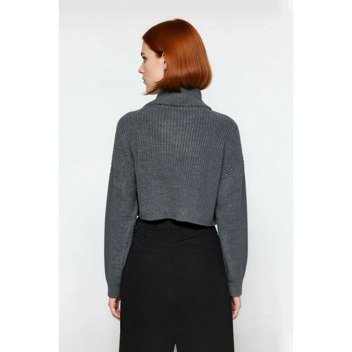 Kadın Basic Oversize Düşük Uzun Kollu Crop Fermuarlı Dik Yaka Triko Kazak Kışlık Rahat Stiller