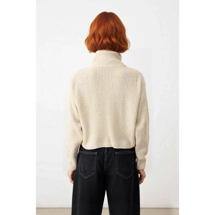 Kadın Basic Oversize Düşük Uzun Kollu Crop Fermuarlı Dik Yaka Triko Kazak Kışlık Rahat Stiller