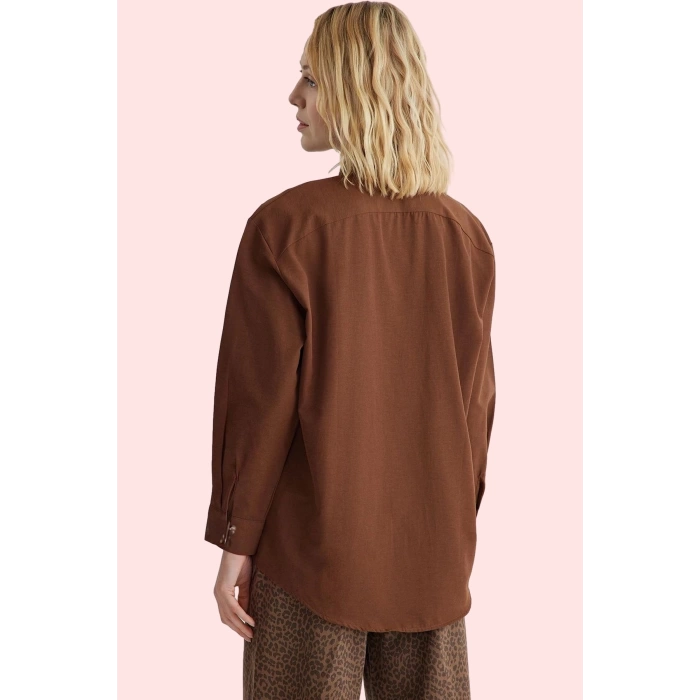 Kadın Basic Oversize Düz Desenli Uzun Kollu Gömlek Terrycotton Kumaş Günlük Şık Hafta Sonu