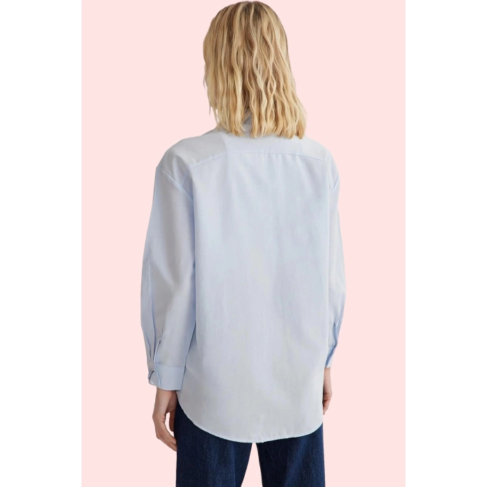 Kadın Basic Oversize Düz Desenli Uzun Kollu Gömlek Terrycotton Kumaş Günlük Şık Hafta Sonu