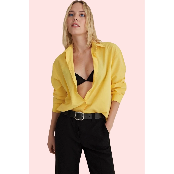 Kadın Basic Oversize Düz Desenli Uzun Kollu Gömlek Terrycotton Kumaş Günlük Şık Hafta Sonu
