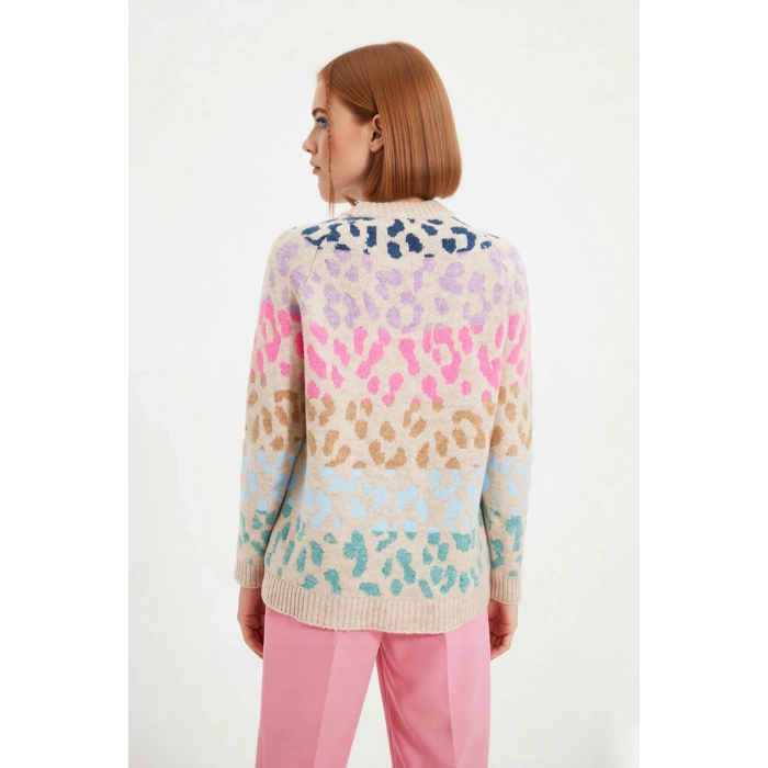 Kadın Basic Oversize Kalıp Bisiklet Yaka Triko Kazak Animal Desenli Uzun Kollu Kış Günleri İçin