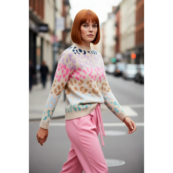 Kadın Basic Oversize Kalıp Bisiklet Yaka Triko Kazak Animal Desenli Uzun Kollu Kış Günleri İçin
