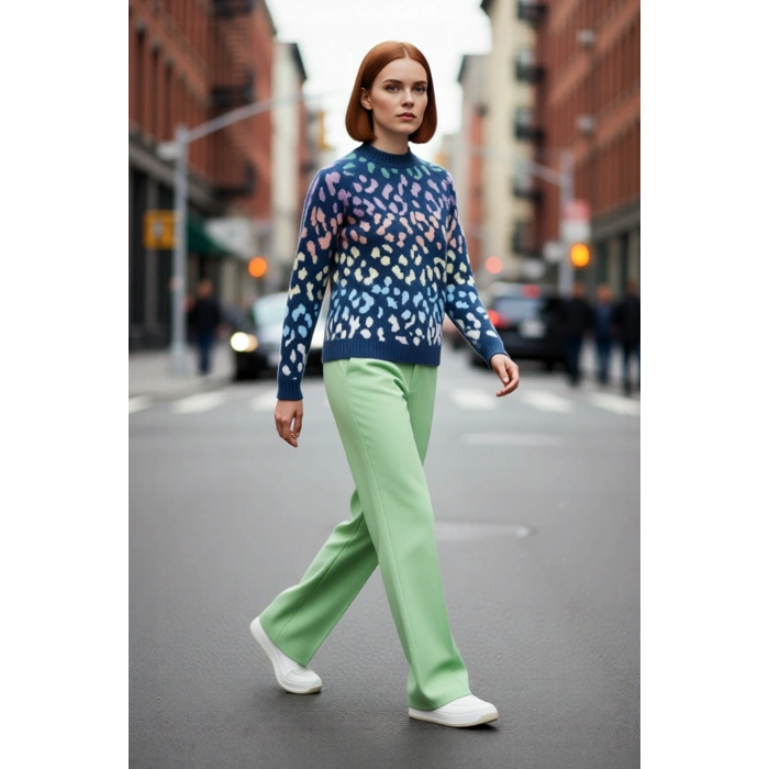 Kadın Basic Oversize Kalıp Bisiklet Yaka Triko Kazak Animal Desenli Uzun Kollu Kış Günleri İçin