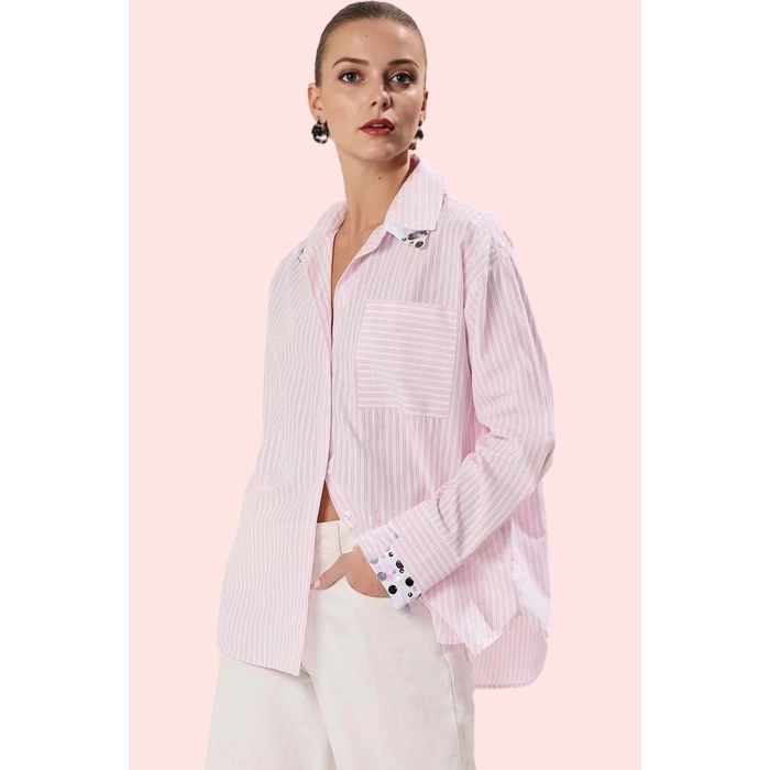 Kadın Basic Oversize Pamuklu Gömlek; Günlük Ve İş Hayatı İçin İdeal Çizgili Desen Hafta Sonu