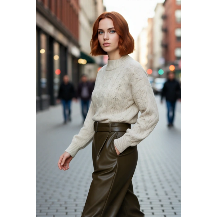 Kadın Basic Oversize Saç Örgü Dik Yaka Crop Triko Kazak Soğuk Havalar İçin Modern Stil Kaliteli