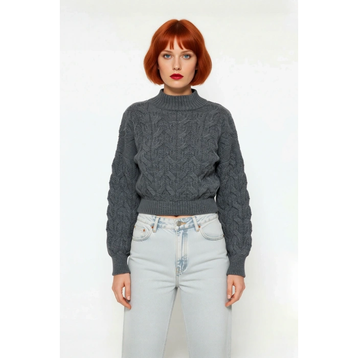 Kadın Basic Oversize Saç Örgü Dik Yaka Crop Triko Kazak Soğuk Havalar İçin Modern Stil Kaliteli