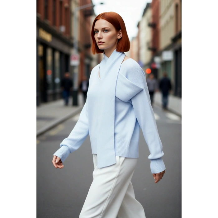 Kadın Basic Oversize Triko Kazak Ve Atkı Seti Uzun Kol Şal Yaka Tasarımı İle Kış Modası Kaliteli