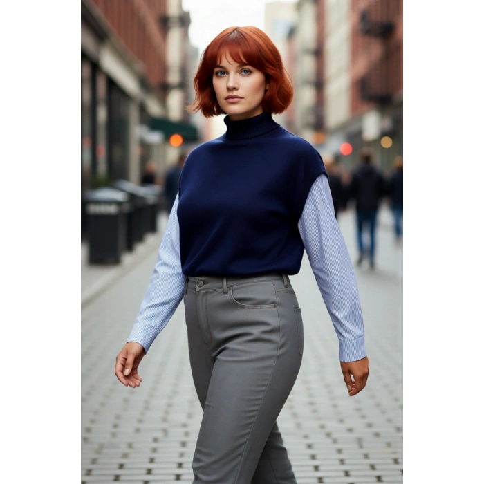 Kadın Basic Rahat Kesim Dik Yaka Triko Süveter Akrilik Materyal Kolsuz Şık Kışlık Giyim Tarzı