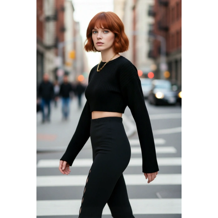 Kadın Basic Regular Kalıp Bisiklet Yaka Triko Super Crop Uzun Kol Kazak Günlük Şıklık İçin