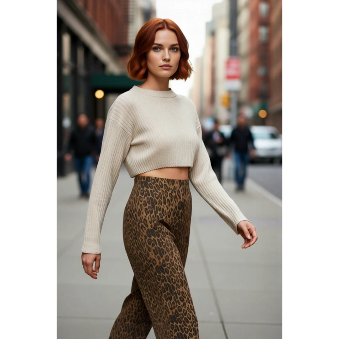 Kadın Basic Regular Kalıp Bisiklet Yaka Triko Super Crop Uzun Kol Kazak Günlük Şıklık İçin