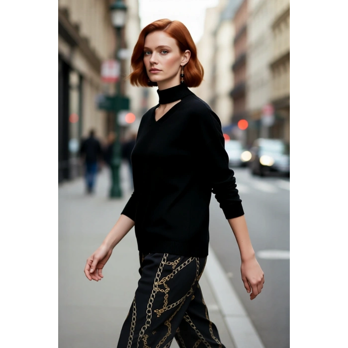 Kadın Basic Regular Kalıp Siyah Choker Yaka Akrilik Triko Kazak Günlük Tarzınızı Tamamlıyor