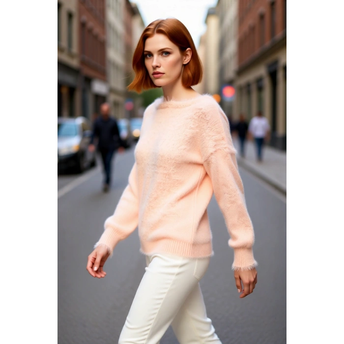 Kadın Basic Regular Kalıp Triko Kazak Dokulu Tüylü Kayık Yaka Kış Sezonu İçin İdeal Kaliteli