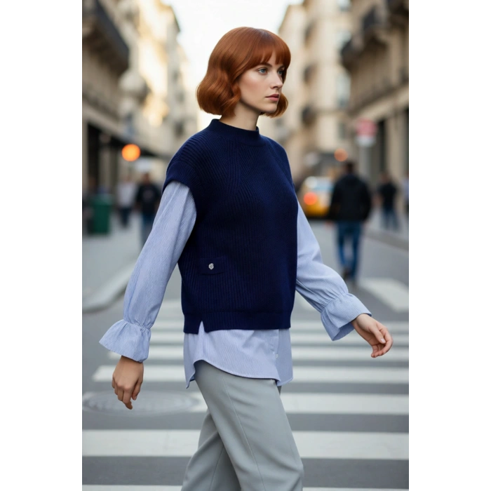 Kadın Basic Regular Kalıp Triko Süveter Gömlek Garnili Yumuşak Dokulu Kış Modası İçin İdeal Bir