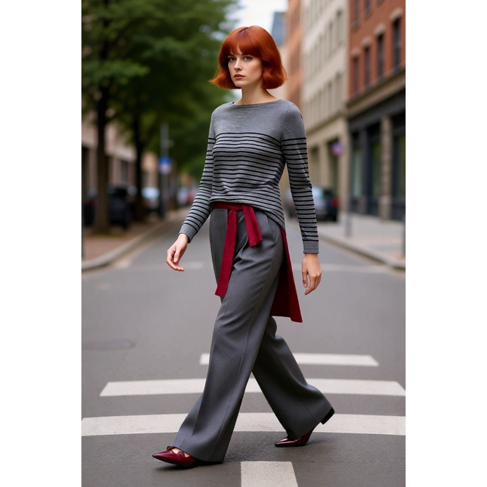 Kadın Basic Regular Kalıp Uzun Kollu Çizgili Bisiklet Yaka Gri Triko Kazak Modeli Kaliteli