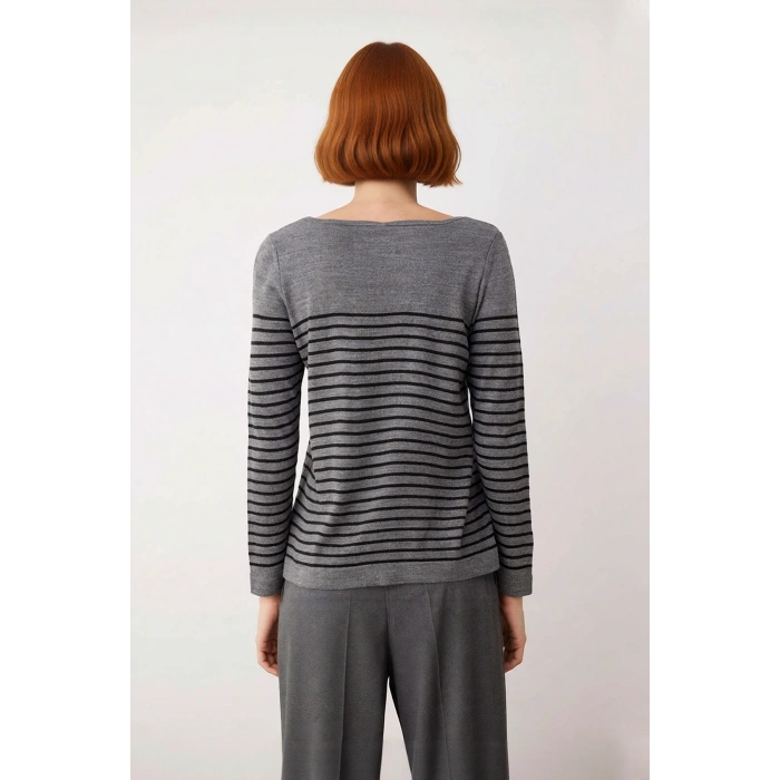Kadın Basic Regular Kalıp Uzun Kollu Çizgili Bisiklet Yaka Gri Triko Kazak Modeli Kaliteli