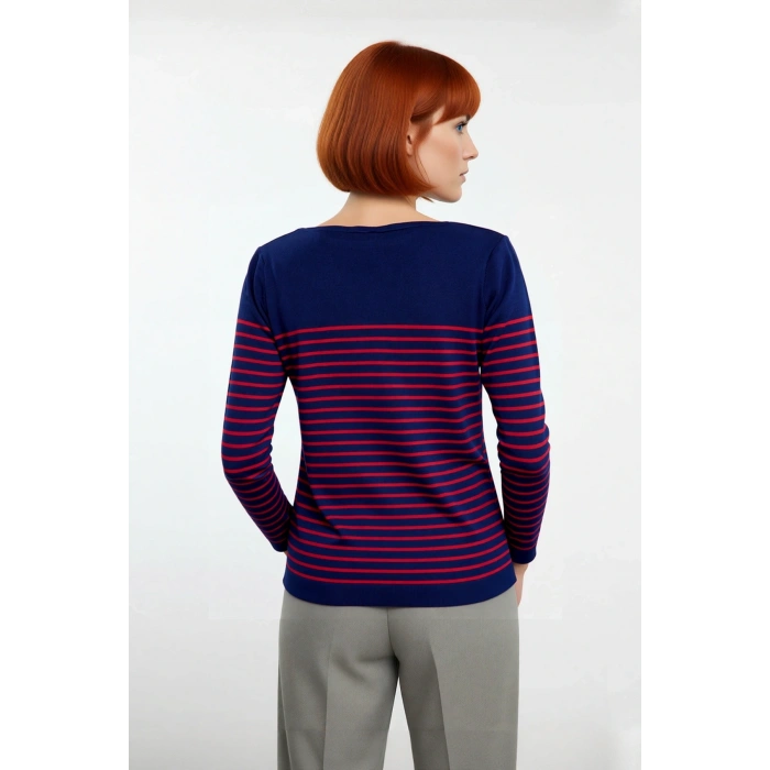 Kadın Basic Regular Kalıp Uzun Kollu Çizgili Bisiklet Yaka Gri Triko Kazak Modeli Kaliteli