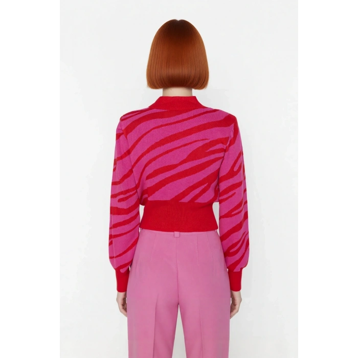 Kadın Basic Regular Kalıp Zebra Desenli Dik Yaka Crop Triko Kazak Günlük Giyimde İddialı Kaliteli
