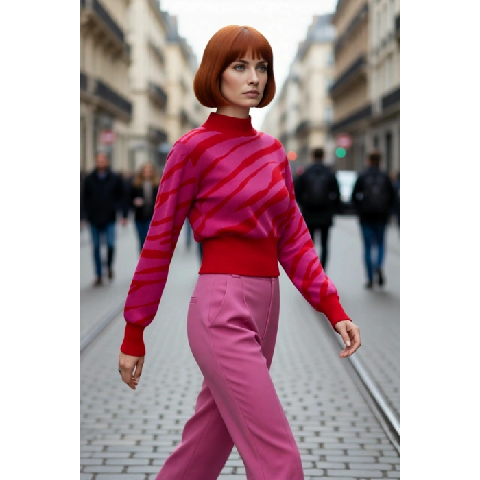 Kadın Basic Regular Kalıp Zebra Desenli Dik Yaka Crop Triko Kazak Günlük Giyimde İddialı Kaliteli