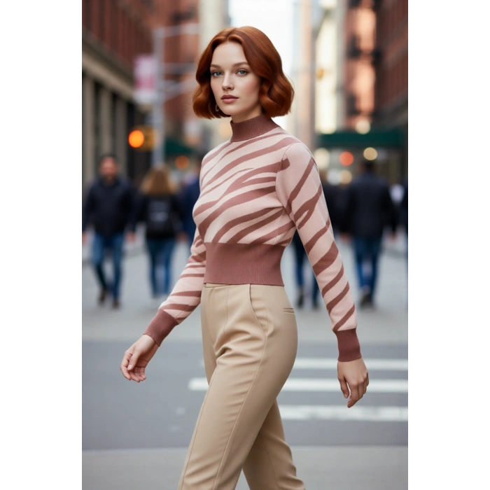 Kadın Basic Regular Kalıp Zebra Desenli Dik Yaka Crop Triko Kazak Günlük Giyimde İddialı Kaliteli