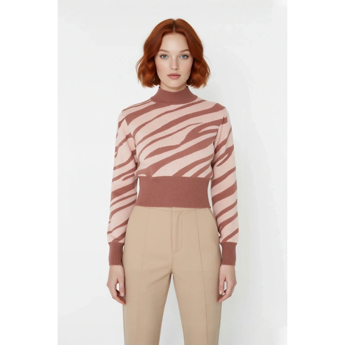 Kadın Basic Regular Kalıp Zebra Desenli Dik Yaka Crop Triko Kazak Günlük Giyimde İddialı Kaliteli