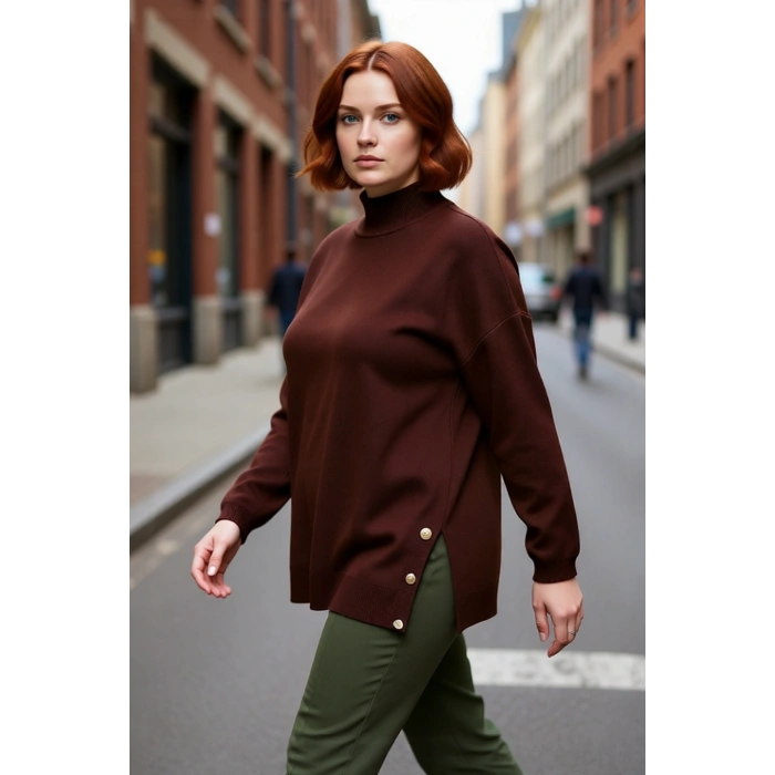 Kadın Basic Relaxed Kalıp Triko Kazak Balıkçı Yaka Düğme Detaylı Uzun Boy Konforlu Kış Kombinleri