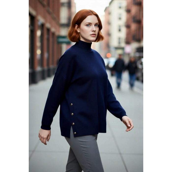 Kadın Basic Relaxed Kalıp Triko Kazak Balıkçı Yaka Düğme Detaylı Uzun Boy Konforlu Kış Kombinleri