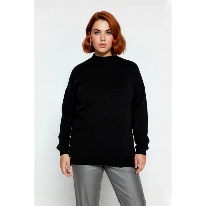 Kadın Basic Relaxed Kalıp Triko Kazak Balıkçı Yaka Düğme Detaylı Uzun Boy Konforlu Kış Kombinleri