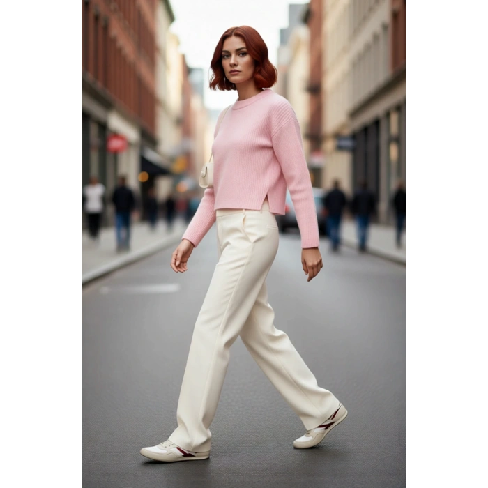 Kadın Basic Selanik Dokuma Çizgili Dik Yaka Crop Triko Kazak Günlük Konforlu Şıklık Kaliteli