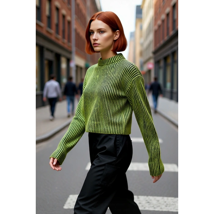 Kadın Basic Selanik Dokuma Çizgili Dik Yaka Crop Triko Kazak Günlük Konforlu Şıklık Kaliteli