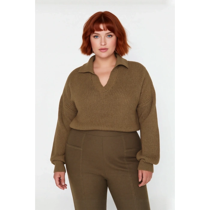 Kadın Basic Selanik Örgü Polo Yaka Relaxed Kalıp Akrilik Triko Kazak Soğuk Günlerin Vazgeçilmezi