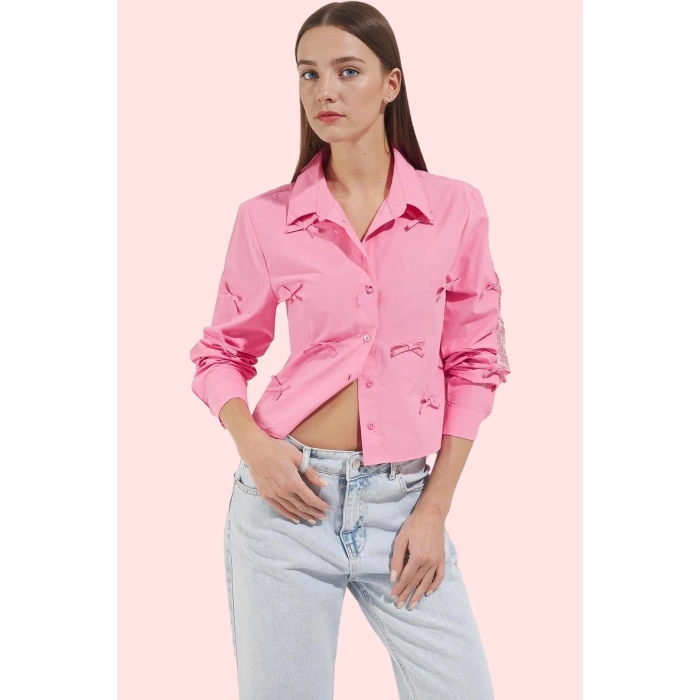Kadın Basic Şık Fiyonklu Detaylı Gömlek Terrycotton Kumaş Günlük Kullanım Kaliteli Malzeme
