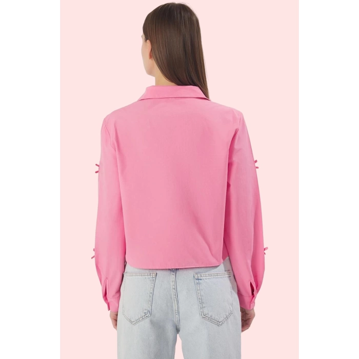 Kadın Basic Şık Fiyonklu Detaylı Gömlek Terrycotton Kumaş Günlük Kullanım Kaliteli Malzeme