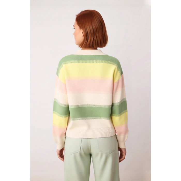 Kadın Basic Şık Regular Kesim Renk Bloklu Akrilik Triko Kazak Düşük Kol Polo Yaka Modeli Kaliteli