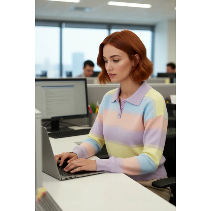 Kadın Basic Şık Regular Kesim Renk Bloklu Akrilik Triko Kazak Düşük Kol Polo Yaka Modeli Kaliteli