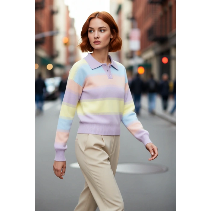 Kadın Basic Şık Regular Kesim Renk Bloklu Akrilik Triko Kazak Düşük Kol Polo Yaka Modeli Kaliteli