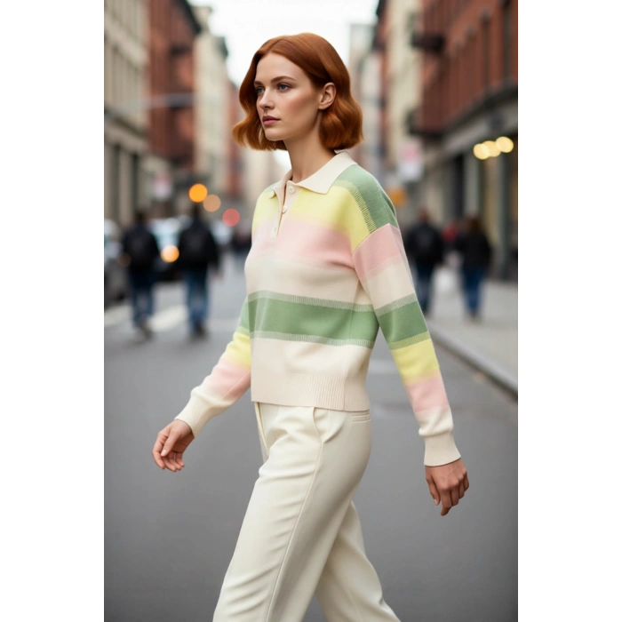 Kadın Basic Şık Regular Kesim Renk Bloklu Akrilik Triko Kazak Düşük Kol Polo Yaka Modeli Kaliteli