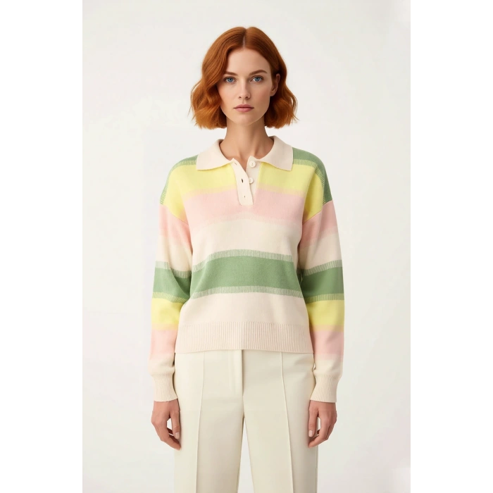 Kadın Basic Şık Regular Kesim Renk Bloklu Akrilik Triko Kazak Düşük Kol Polo Yaka Modeli Kaliteli